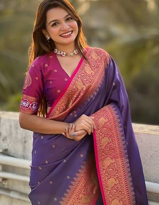 Violet woven self design tissue silk blend patola saree with blouse 2