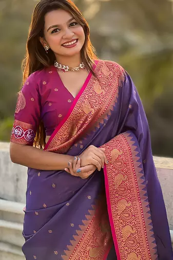 Violet woven self design tissue silk blend patola saree with blouse
