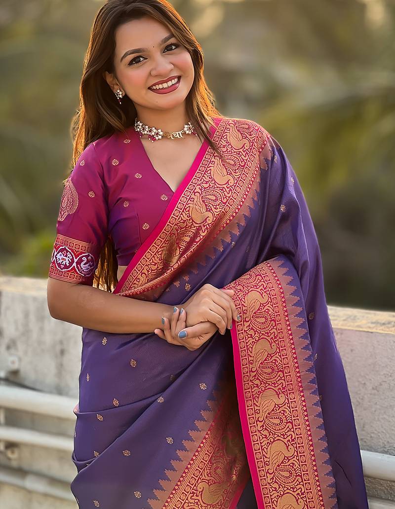 Violet woven self design tissue silk blend patola saree with blouse