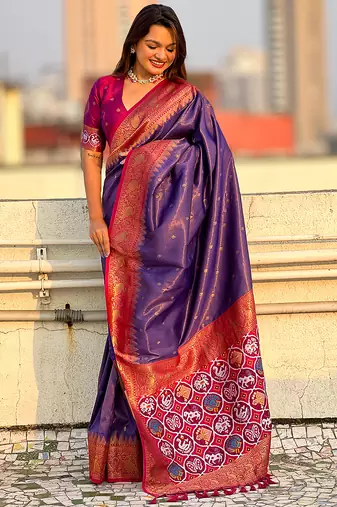 Violet woven self design tissue silk blend patola saree with blouse