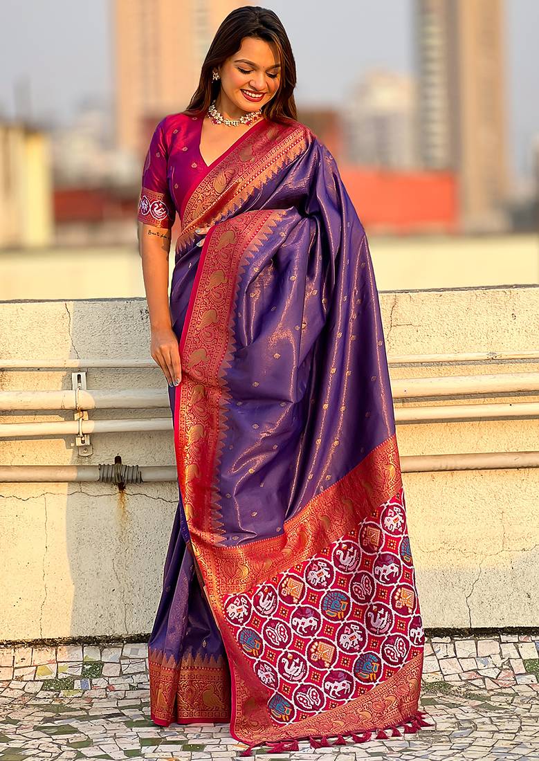 Violet woven self design tissue silk blend patola saree with blouse