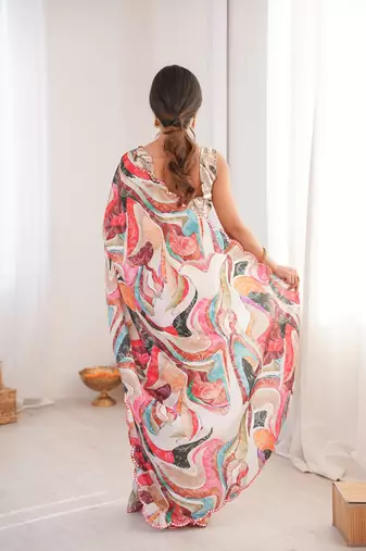 Women party wear digital print heavy chinnon saree with un sttiched blouse