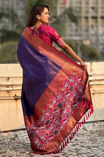 Violet woven self design tissue silk blend patola saree with blouse