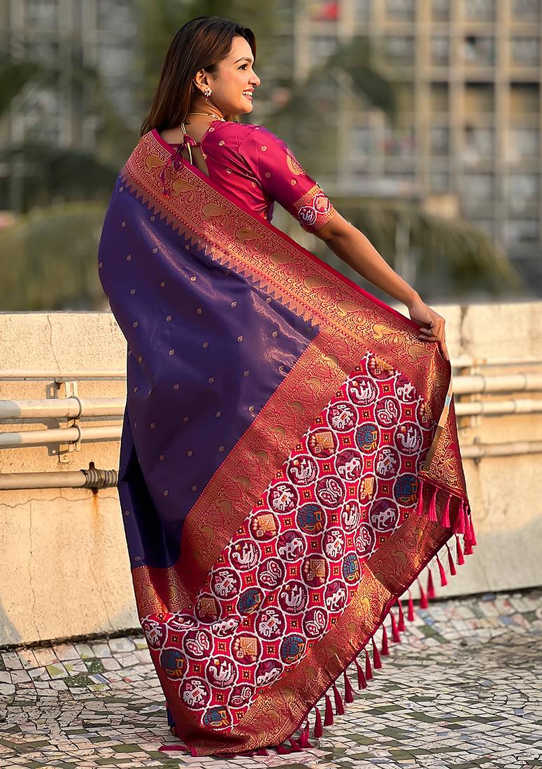 Violet woven self design tissue silk blend patola saree with blouse