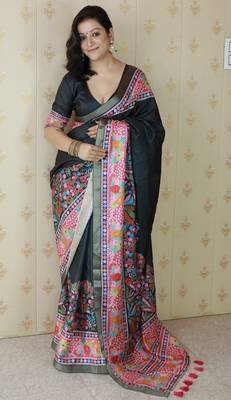 Black printed tussar silk printed saree with blouse 1