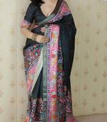 Black printed tussar silk printed saree with blouse