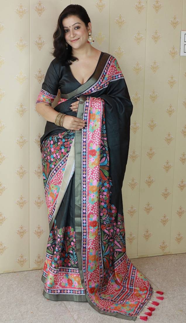 Black printed tussar silk printed saree with blouse