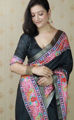 Black printed tussar silk printed saree with blouse 2