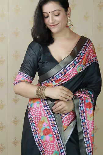 Black printed tussar silk printed saree with blouse