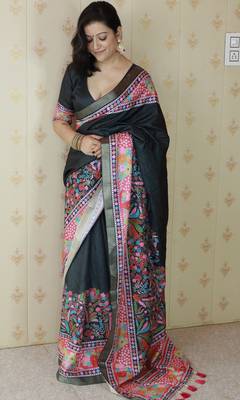 Black printed tussar silk printed saree with blouse 3