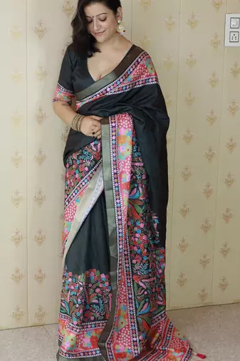 Black printed tussar silk printed saree with blouse