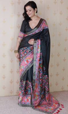 Black printed tussar silk printed saree with blouse 4