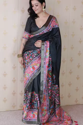 Black printed tussar silk printed saree with blouse