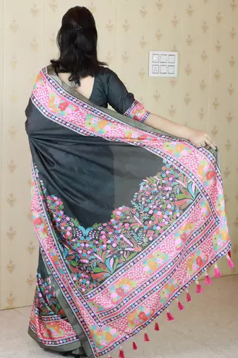 Black printed tussar silk printed saree with blouse