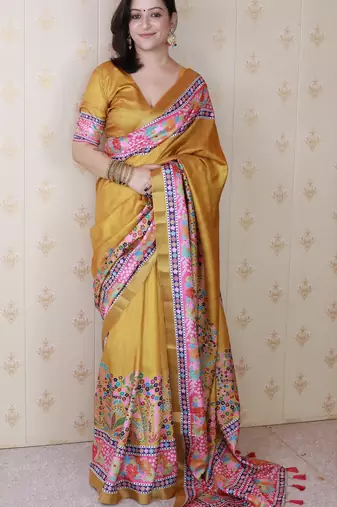 Gold printed tussar silk printed saree with blouse