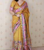 Gold printed tussar silk printed saree with blouse