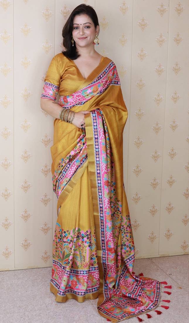 Gold printed tussar silk printed saree with blouse