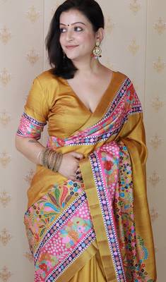 Gold printed tussar silk printed saree with blouse 2