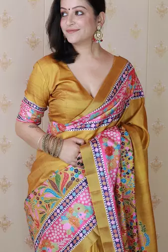 Gold printed tussar silk printed saree with blouse
