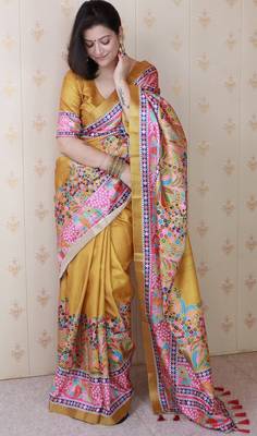 Gold printed tussar silk printed saree with blouse 3