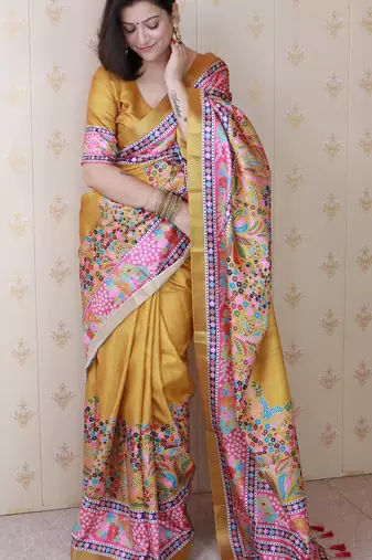 Gold printed tussar silk printed saree with blouse