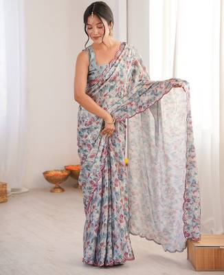 Women party wear digital print heavy chinnon saree with un sttiched blouse 2