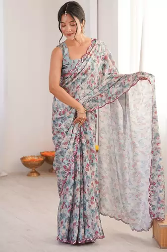 Women party wear digital print heavy chinnon saree with un sttiched blouse