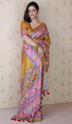 Gold printed tussar silk printed saree with blouse 4