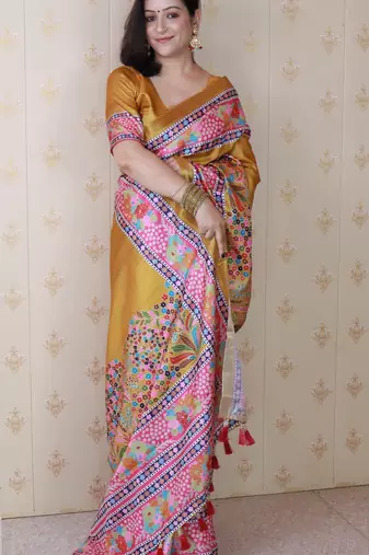 Gold printed tussar silk printed saree with blouse