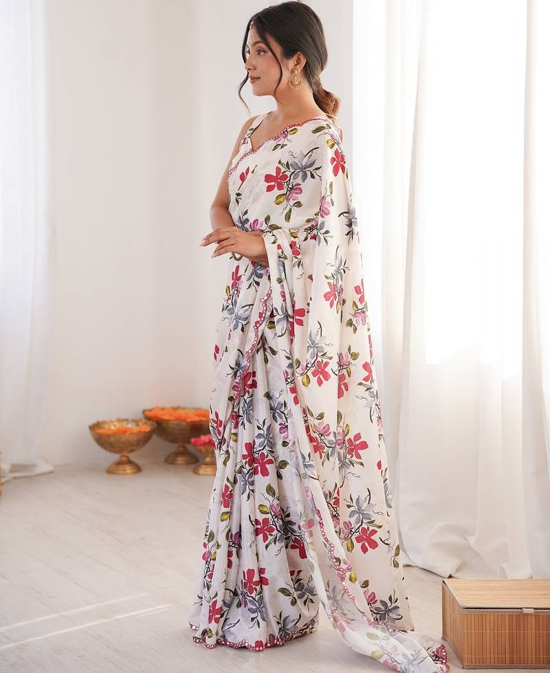 Women party wear digital print heavy chinnon saree with un sttiched blouse