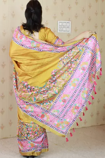 Gold printed tussar silk printed saree with blouse