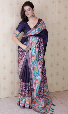 Navy blue printed tussar silk printed saree with blouse 1