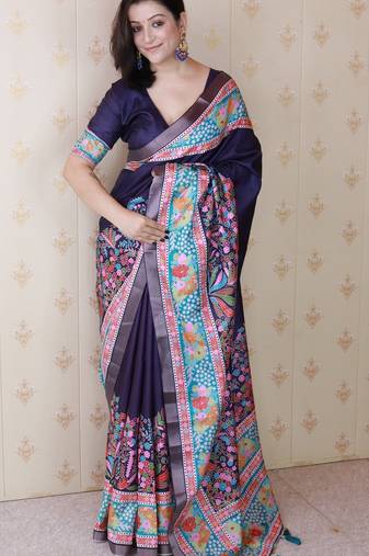 Navy blue printed tussar silk printed saree with blouse