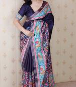 Navy blue printed tussar silk printed saree with blouse