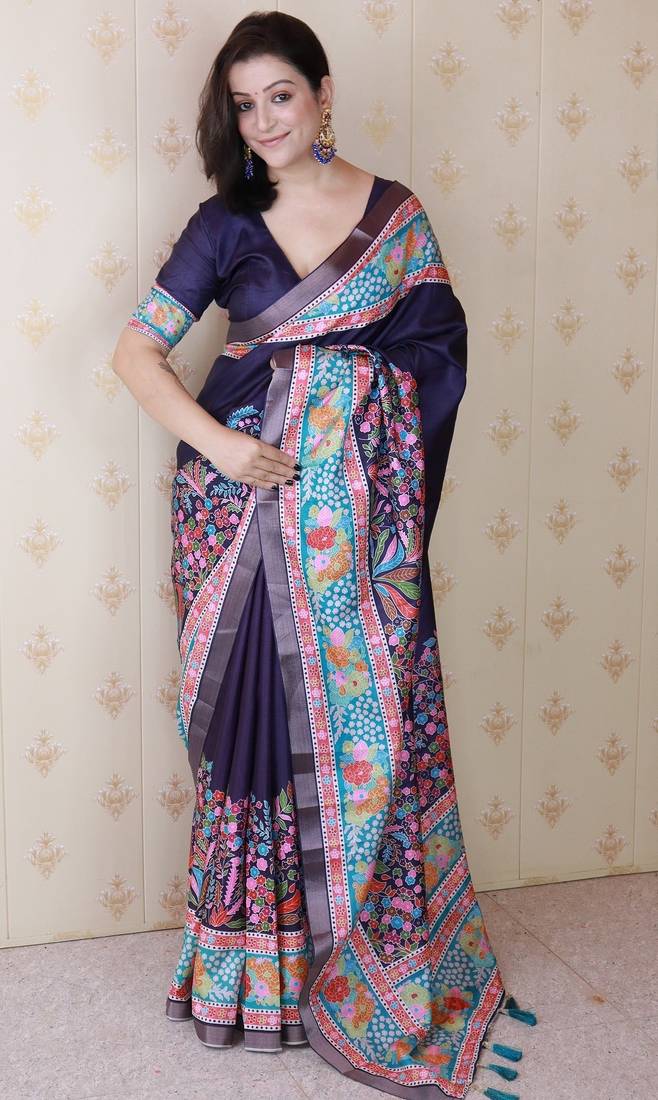 Navy blue printed tussar silk printed saree with blouse