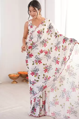 Women party wear digital print heavy chinnon saree with un sttiched blouse