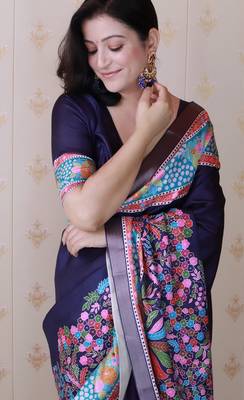 Navy blue printed tussar silk printed saree with blouse 2