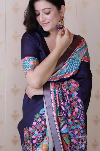 Navy blue printed tussar silk printed saree with blouse