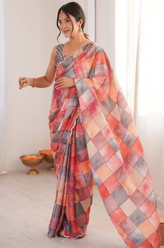 Women party wear digital print heavy chinnon saree with un sttiched blouse
