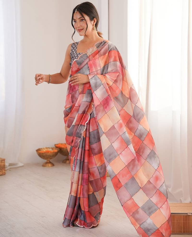 Women party wear digital print heavy chinnon saree with un sttiched blouse