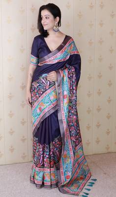 Navy blue printed tussar silk printed saree with blouse 3