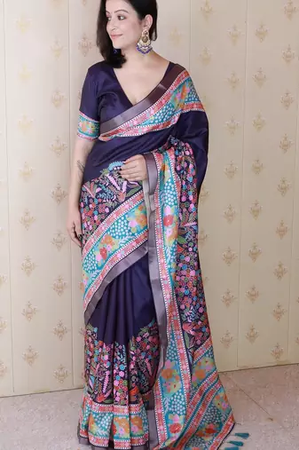 Navy blue printed tussar silk printed saree with blouse