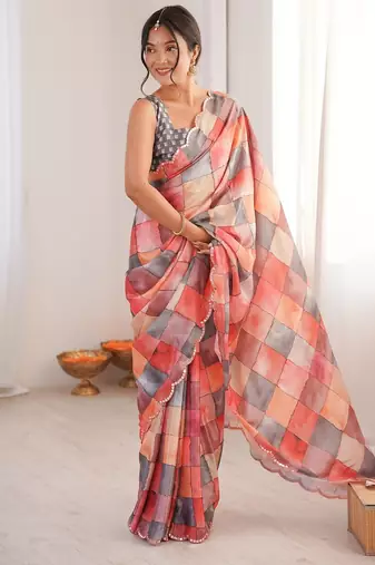 Women party wear digital print heavy chinnon saree with un sttiched blouse
