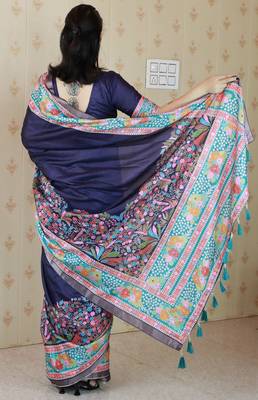 Navy blue printed tussar silk printed saree with blouse 4