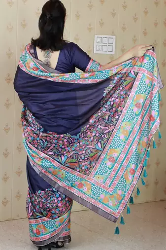 Navy blue printed tussar silk printed saree with blouse