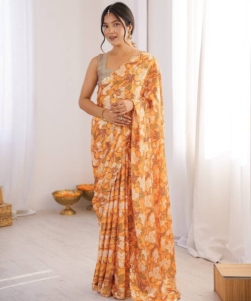 Women party wear digital print heavy chinnon saree with un sttiched blouse