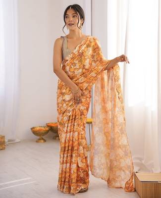 Women party wear digital print heavy chinnon saree with un sttiched blouse 2