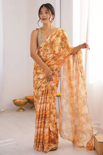 Women party wear digital print heavy chinnon saree with un sttiched blouse