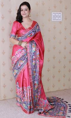 Pink printed tussar silk printed saree with blouse 1