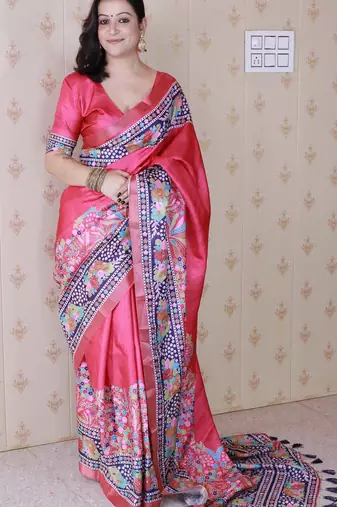 Pink printed tussar silk printed saree with blouse